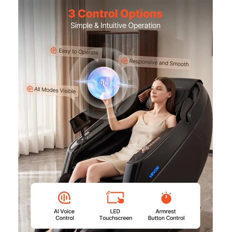 VEVOR Massage Chair, 4D Zero-Gravity Full Body Massage Chair with Extendable Footrest, Automatic Modes, Airbags, Waist & Leg Heating, Bluetooth Speaker, Touchscreen Control, for Home and Office Use