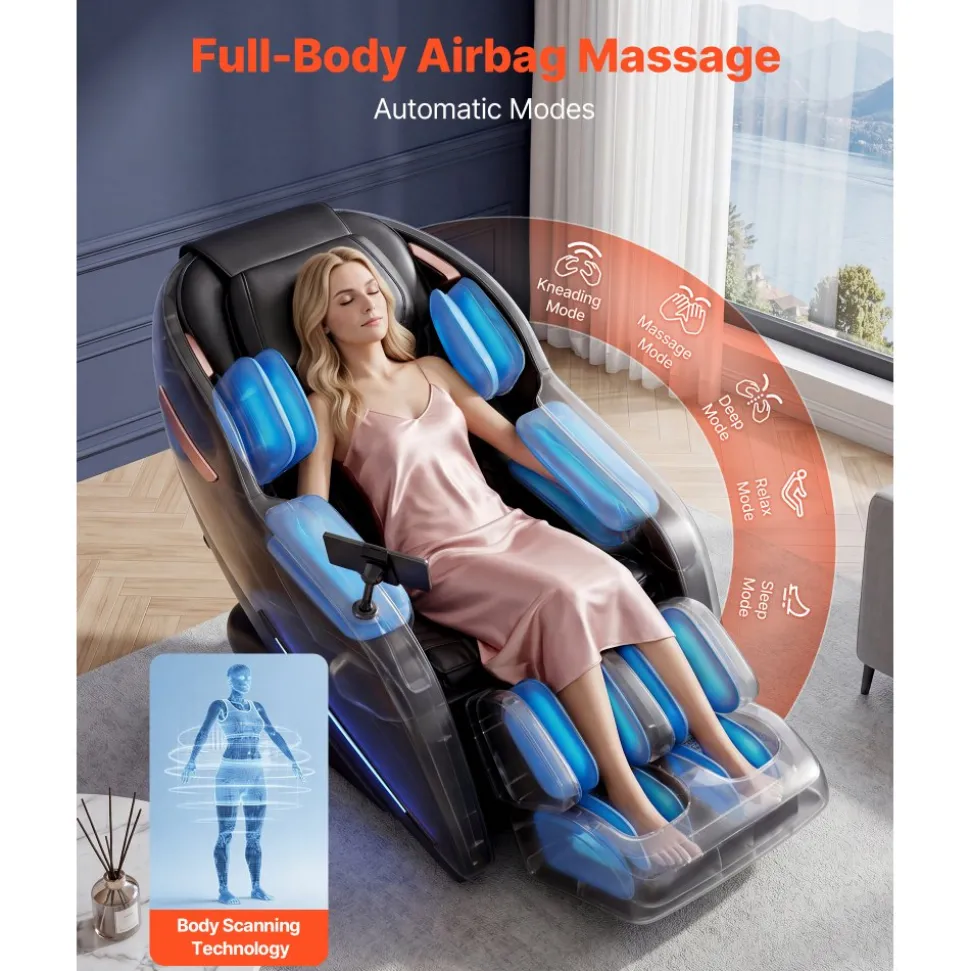 VEVOR Massage Chair, 3D Zero-Gravity Full Body Massage Chair with Extendable Footrest, Automatic Modes, Airbags, Waist & Leg Heating, Bluetooth Speaker, Touchscreen Control, for Home and Office Use