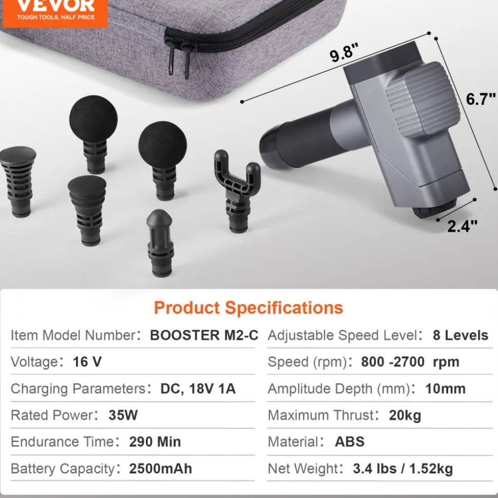 VEVOR Massage Gun Deep Tissue, Percussion Muscle Massager for Athletes - with 8 Speed Levels & 6 Massage Heads, 16V 2500mAh Batteries, Handheld Massage Gun for Pain Relief, Muscle Relaxation