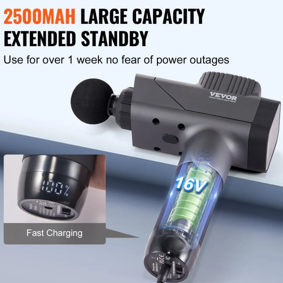 VEVOR Massage Gun Deep Tissue, Percussion Muscle Massager for Athletes - with 8 Speed Levels & 6 Massage Heads, 16V 2500mAh Batteries, Handheld Massage Gun for Pain Relief, Muscle Relaxation