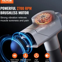 VEVOR Massage Gun Deep Tissue, Percussion Muscle Massager for Athletes - with 8 Speed Levels & 6 Massage Heads, 16V 2500mAh Batteries, Handheld Massage Gun for Pain Relief, Muscle Relaxation
