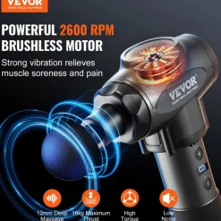 VEVOR Massage Gun Deep Tissue with 9 Speed Levels & 6 Massage Heads, 24V 2500mAh Batteries, Percussion Muscle Massager for Athletes, Handheld Electric Massage Gun for Pain Relief, Muscle Relaxation