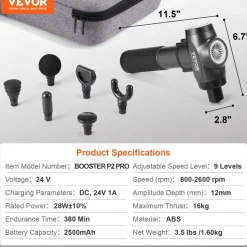 VEVOR Massage Gun Deep Tissue with 9 Speed Levels & 6 Massage Heads, 24V 2500mAh Batteries, Percussion Muscle Massager for Athletes, Handheld Electric Massage Gun for Pain Relief, Muscle Relaxation