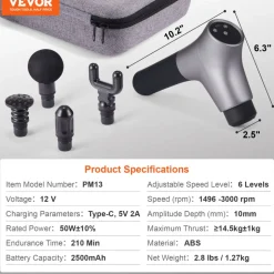 VEVOR Massage Gun Deep Tissue, Percussion Muscle Massage Gun for Athletes - with 6 Speed Levels & 4 Massage Heads, 12V 2500mAh Batteries, Handheld Mini Massage Gun for Pain Relief, Muscle Relaxation