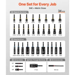 VEVOR Master Magnetic Impact Nut Driver Set 34-Piece, Metric & SAE Sizes, with Nut Setter, Quick Release Extension, Wing Nut Driver, Storage Box, Versatile for Automotive, Machinery, and DIY Tasks