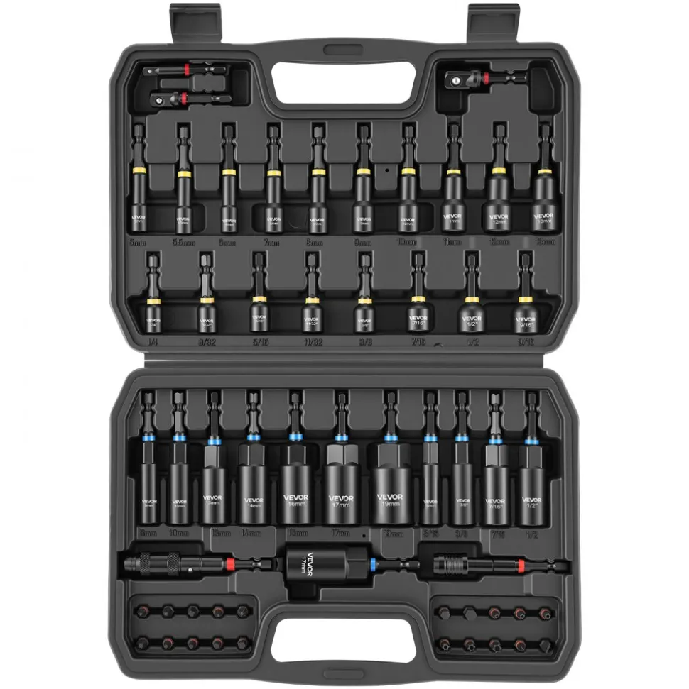 VEVOR Master Magnetic Impact Nut Driver Set 55PCS, Metric & SAE Sizes, with Socket Adapters, Bit Holder, Wing Nut Driver, Pivoting Nutsetter, Quick Release Extension, Power Bits, Storage Box