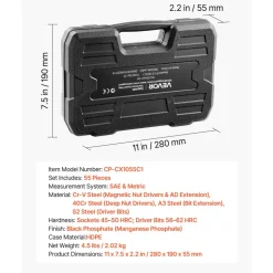 VEVOR Master Magnetic Impact Nut Driver Set 55PCS, Metric & SAE Sizes, with Socket Adapters, Bit Holder, Wing Nut Driver, Pivoting Nutsetter, Quick Release Extension, Power Bits, Storage Box