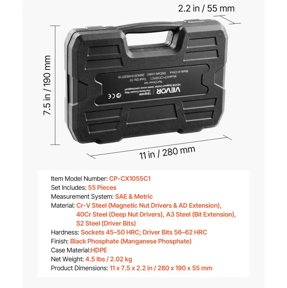 VEVOR Master Magnetic Impact Nut Driver Set 55PCS, Metric & SAE Sizes, with Socket Adapters, Bit Holder, Wing Nut Driver, Pivoting Nutsetter, Quick Release Extension, Power Bits, Storage Box