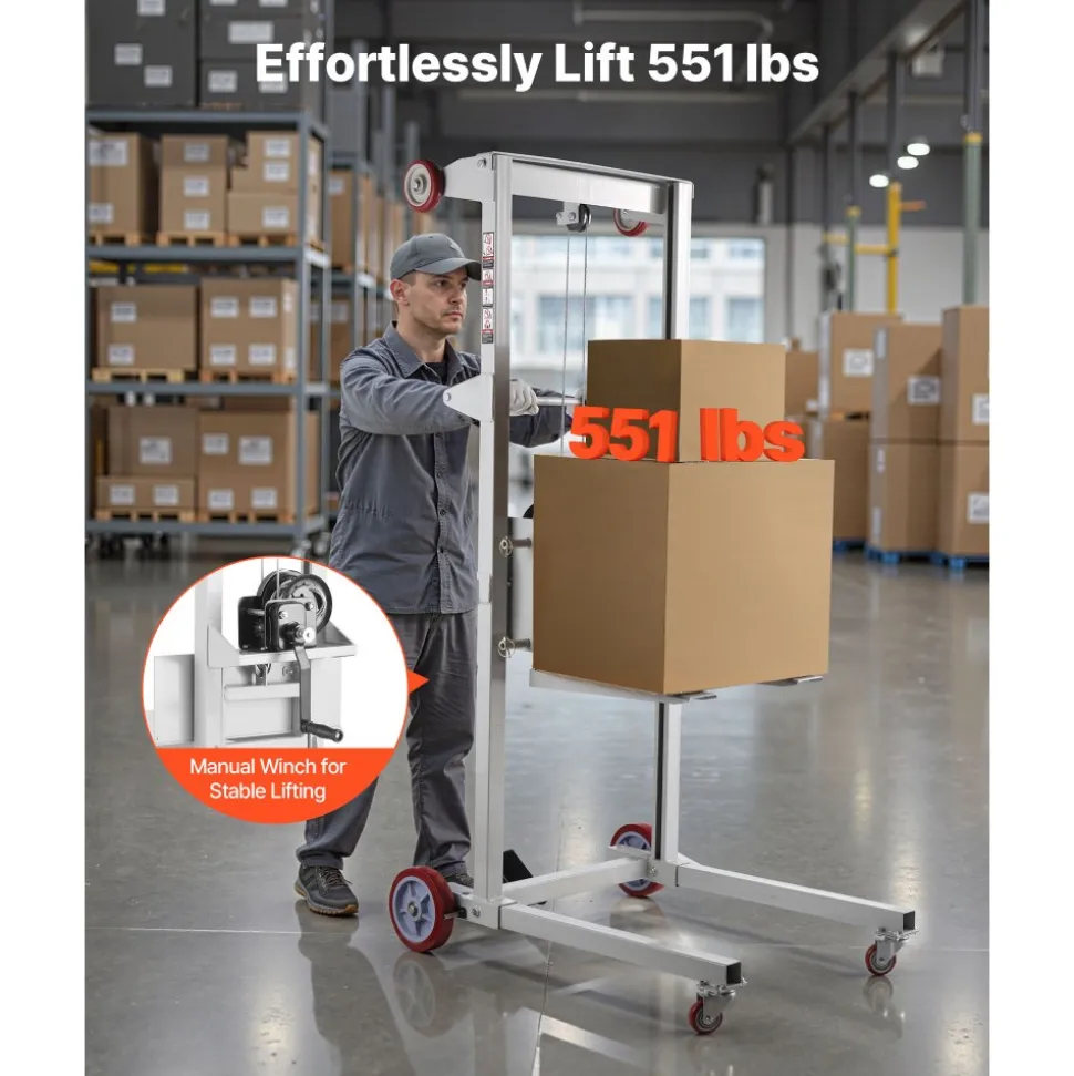 VEVOR Material Lift Winch Stacker, 551 lbs Capacity Pallet Truck Dolly, 70 in Max Lifting Height Manual Winch Stacker, Multifunctional Manual Pallet Truck Stacker with Wheels and Adjustable Fork