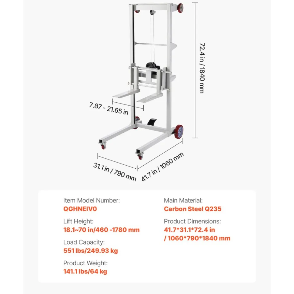VEVOR Material Lift Winch Stacker, 551 lbs Capacity Pallet Truck Dolly, 70 in Max Lifting Height Manual Winch Stacker, Multifunctional Manual Pallet Truck Stacker with Wheels and Adjustable Fork