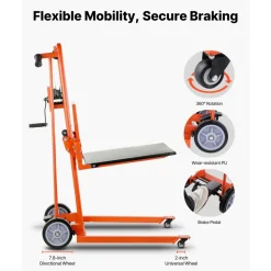 VEVOR Material Lift Winch Stacker, 330 lbs Capacity Pallet Truck Dolly, 42.9 in Max Lifting Height Manual Winch Stacker, Multifunctional Manual Pallet Truck Stacker with Swivel Casters and Lift Plate