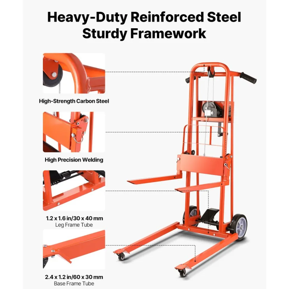 VEVOR Material Lift Winch Stacker, 330 lbs Capacity Pallet Truck Dolly, 42.9 in Max Lifting Height Manual Winch Stacker, Multifunctional Manual Pallet Truck Stacker with Swivel Casters and Lift Plate
