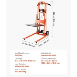 VEVOR Material Lift Winch Stacker, 330 lbs Capacity Pallet Truck Dolly, 42.9 in Max Lifting Height Manual Winch Stacker, Multifunctional Manual Pallet Truck Stacker with Swivel Casters and Lift Plate