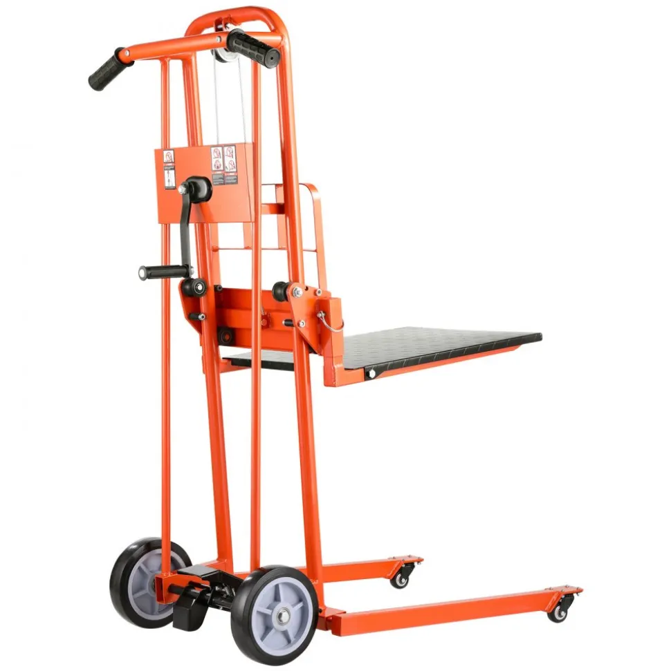 VEVOR Material Lift Winch Stacker, 330 lbs Capacity Pallet Truck Dolly, 42.9 in Max Lifting Height Manual Winch Stacker, Multifunctional Manual Pallet Truck Stacker with Swivel Casters and Lift Plate