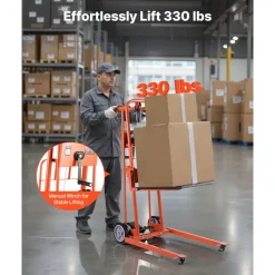 VEVOR Material Lift Winch Stacker, 330 lbs Capacity Pallet Truck Dolly, 42.9 in Max Lifting Height Manual Winch Stacker, Multifunctional Manual Pallet Truck Stacker with Swivel Casters and Lift Plate