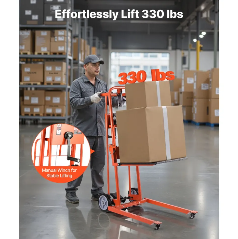 VEVOR Material Lift Winch Stacker, 330 lbs Capacity Pallet Truck Dolly, 42.9 in Max Lifting Height Manual Winch Stacker, Multifunctional Manual Pallet Truck Stacker with Swivel Casters and Lift Plate