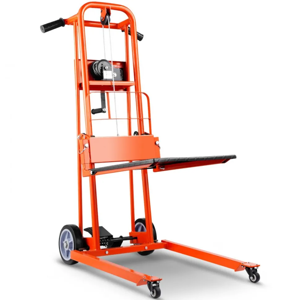 VEVOR Material Lift Winch Stacker, 330 lbs Capacity Pallet Truck Dolly, 42.9 in Max Lifting Height Manual Winch Stacker, Multifunctional Manual Pallet Truck Stacker with Swivel Casters and Lift Plate