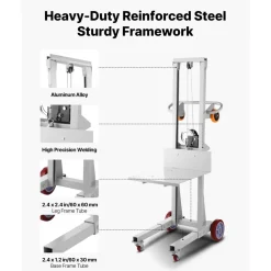 VEVOR Material Lift Winch Stacker, 400 lbs Capacity Pallet Truck Dolly, 51.1 in Max Lifting Height Manual Winch Stacker, Multifunctional Manual Pallet Truck Stacker with Wheels and Adjustable Plate