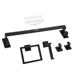 VEVOR Matte Black Bathroom Hardware Set, 5 Pieces Stainless Steel Bathroom Accessories Set, 24-inch Towel Bar, Towel Rack, 2 Robe Towel Hooks, Toilet Paper Holder, for Bath Room, Wall Mounted