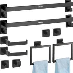 VEVOR Matte Black Bathroom Hardware Set, 10-Piece Bathroom Accessories Set, 2 Stainless Steel 24-in Towel Bars, 2 Towel Racks, 4 Robe Towel Hooks, 2 Toilet Paper Holders for Bath Room, Wall Mounted