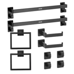 VEVOR Matte Black Bathroom Hardware Set, 10-Piece Bathroom Accessories Set, 2 Stainless Steel 24-in Towel Bars, 2 Towel Racks, 4 Robe Towel Hooks, 2 Toilet Paper Holders for Bath Room, Wall Mounted