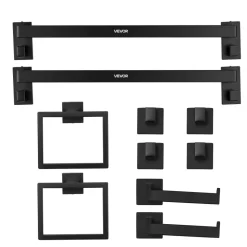 VEVOR Matte Black Bathroom Hardware Set, 10-Piece Bathroom Accessories Set, 2 Stainless Steel 24-in Towel Bars, 2 Towel Racks, 4 Robe Towel Hooks, 2 Toilet Paper Holders for Bath Room, Wall Mounted