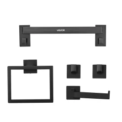 VEVOR Matte Black Bathroom Hardware Set, 5 Pieces Bathroom Accessories Set, Stainless Steel 16 inch Towel Bar, Towel Rack, 2 Robe Towel Hooks, Toilet Paper Holder for Bath Room, Wall Mounted