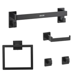 VEVOR Matte Black Bathroom Hardware Set, 5 Pieces Bathroom Accessories Set, Stainless Steel 16 inch Towel Bar, Towel Rack, 2 Robe Towel Hooks, Toilet Paper Holder for Bath Room, Wall Mounted