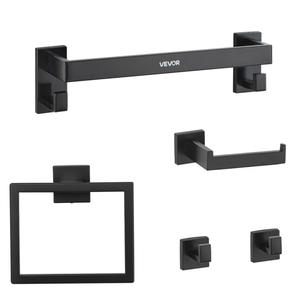 VEVOR Matte Black Bathroom Hardware Set, 5 Pieces Bathroom Accessories Set, Stainless Steel 16 inch Towel Bar, Towel Rack, 2 Robe Towel Hooks, Toilet Paper Holder for Bath Room, Wall Mounted