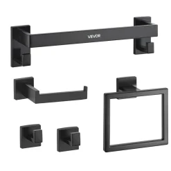 VEVOR Matte Black Bathroom Hardware Set, 5 Pieces Bathroom Accessories Set, Stainless Steel 16 inch Towel Bar, Towel Rack, 2 Robe Towel Hooks, Toilet Paper Holder for Bath Room, Wall Mounted
