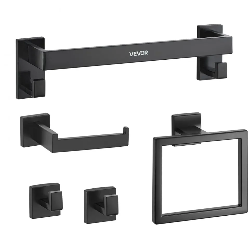 VEVOR Matte Black Bathroom Hardware Set, 5 Pieces Bathroom Accessories Set, Stainless Steel 16 inch Towel Bar, Towel Rack, 2 Robe Towel Hooks, Toilet Paper Holder for Bath Room, Wall Mounted