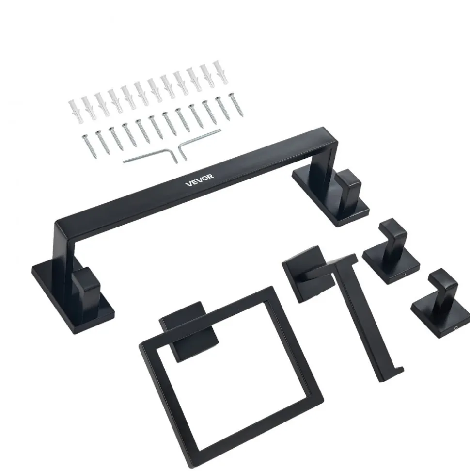 VEVOR Matte Black Bathroom Hardware Set, 5 Pieces Bathroom Accessories Set, Stainless Steel 16 inch Towel Bar, Towel Rack, 2 Robe Towel Hooks, Toilet Paper Holder for Bath Room, Wall Mounted