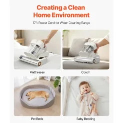 VEVOR Mattress Vacuum Cleaner, 550W Bed Vacuum Cleaner with 18Kpa Powerful Suction and Dual Dust Bin, HEPA Filter & Heating, Ultrasound Tech & Cleaning Lights, Handheld for Bed, Sofa, Corded, White