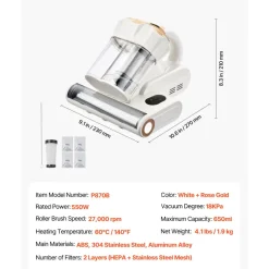 VEVOR Mattress Vacuum Cleaner, 550W Bed Vacuum Cleaner with 18Kpa Powerful Suction and Dual Dust Bin, HEPA Filter & Heating, Ultrasound Tech & Cleaning Lights, Handheld for Bed, Sofa, Corded, White