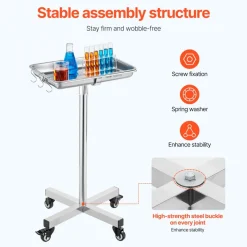 VEVOR Mayo Stand, Stainless Steel Mayo Tray, Load Capacity up to 35 lbs, Adjustable Height 25.2