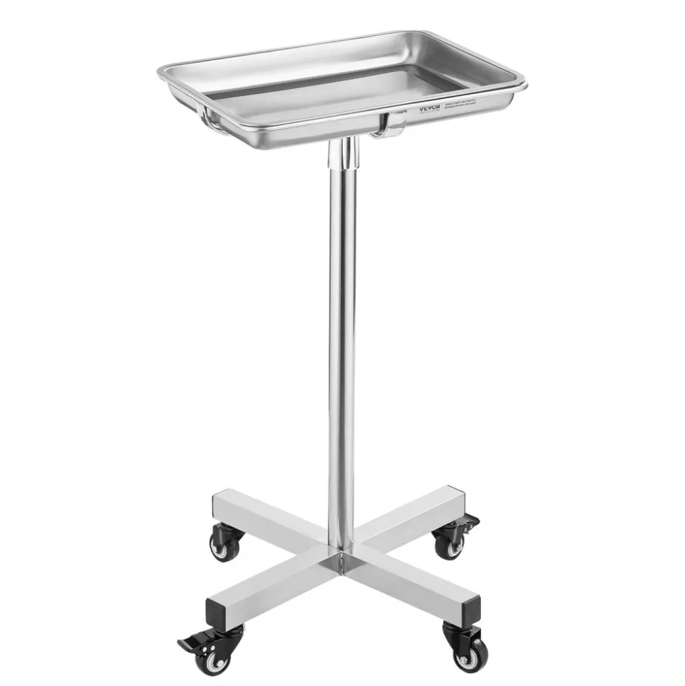 VEVOR Mayo Stand, Stainless Steel Mayo Tray, Load Capacity up to 35 lbs, Adjustable Height 25.2"-39.8", Medical Tray on Wheels with Removable Tray for Spa, Salon, Clinic, Personal Care