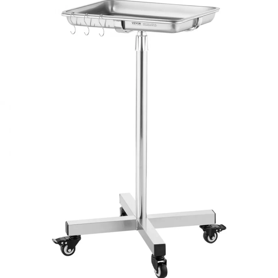 VEVOR Mayo Stand, Stainless Steel Mayo Tray, Load Capacity up to 35 lbs, Adjustable Height 25.2"-39.8", Medical Tray on Wheels with Removable Tray for Spa, Salon, Clinic, Personal Care