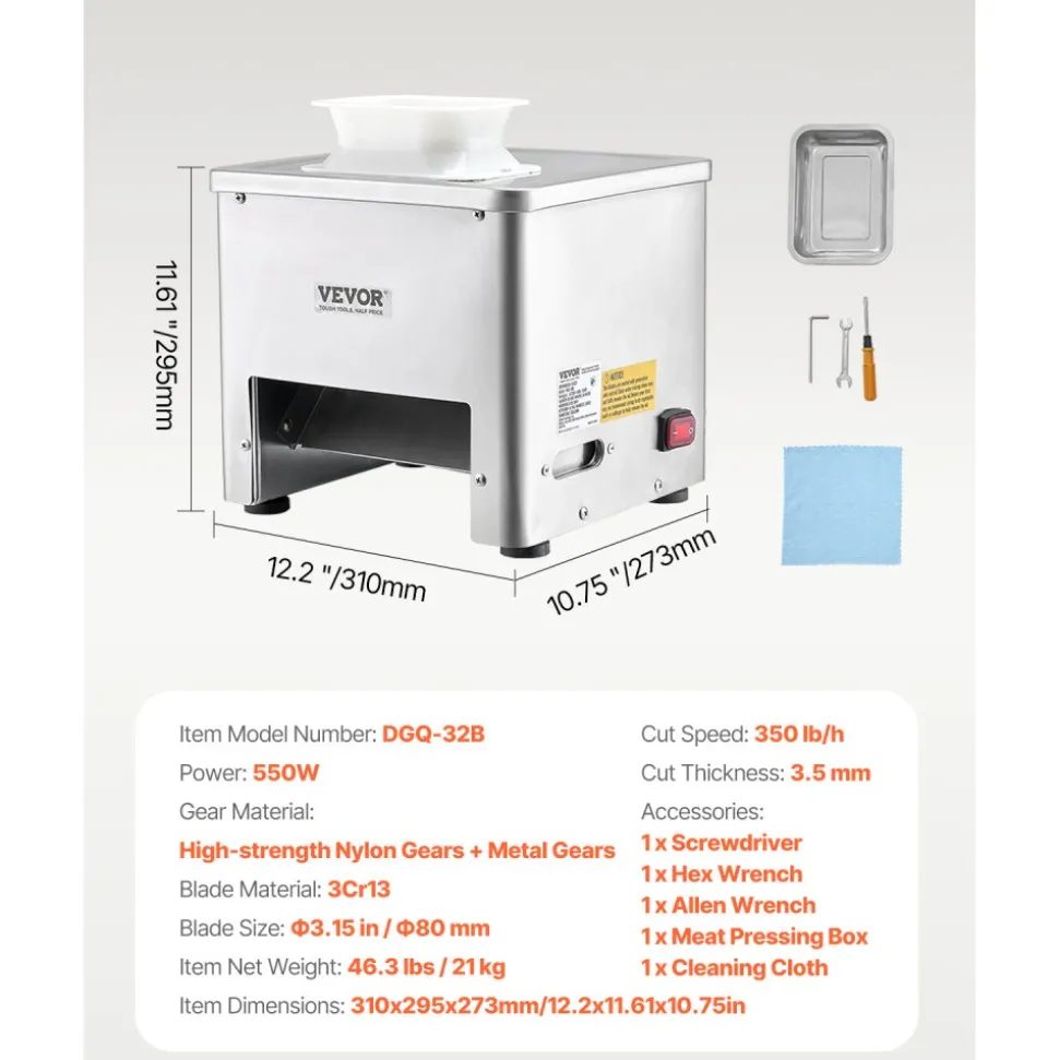 VEVOR Meat Cutter Machine, 550W Meat Slicer, 350 lb/h Commercial Meat Cutting Machine, Stainless Steel, 3.5 mm Thickness, Electric Food Cutting Slicer for Home Kitchen, Restaurant, Supermarket