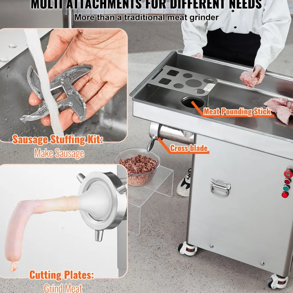 VEVOR Meat Grinder, 36.7 Lbs/Min Capacity Electric Meat Grinders w/ Blade, Grinding Plate, Sausage Maker, Stainless Steel Commercial Meat Mincer for Kitchen Restaurant Butcher Store