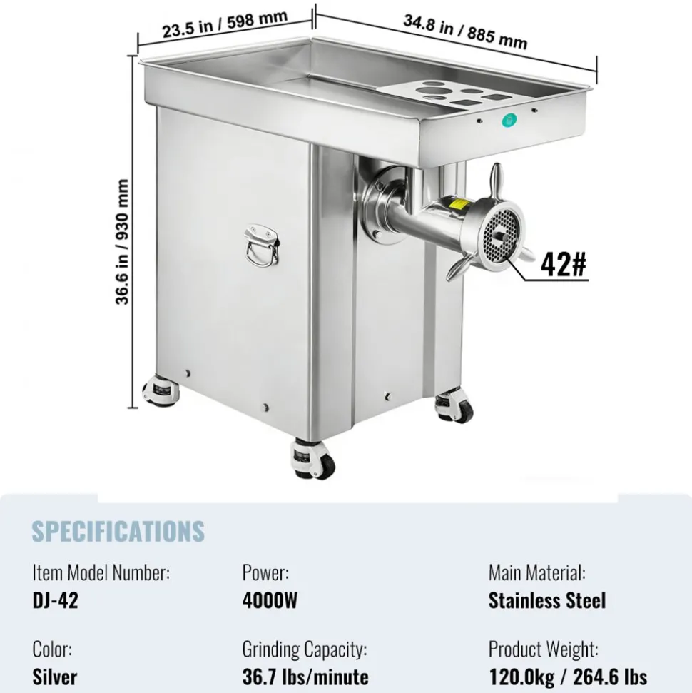 VEVOR Meat Grinder, 36.7 Lbs/Min Capacity Electric Meat Grinders w/ Blade, Grinding Plate, Sausage Maker, Stainless Steel Commercial Meat Mincer for Kitchen Restaurant Butcher Store