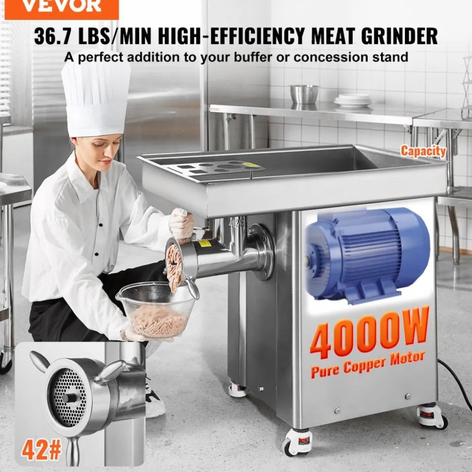 VEVOR Meat Grinder, 36.7 Lbs/Min Capacity Electric Meat Grinders w/ Blade, Grinding Plate, Sausage Maker, Stainless Steel Commercial Meat Mincer for Kitchen Restaurant Butcher Store