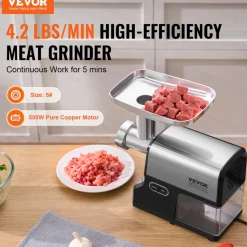 VEVOR Meat Grinder, 4.2 Lbs/Min Capacity Electric Meat Grinders with Blade, Grinding Plate, Sausage Maker, Kubbe Kit, Burger Press, Chopper Attachment, Stainless Steel Meat Mincer for Home Kitchen