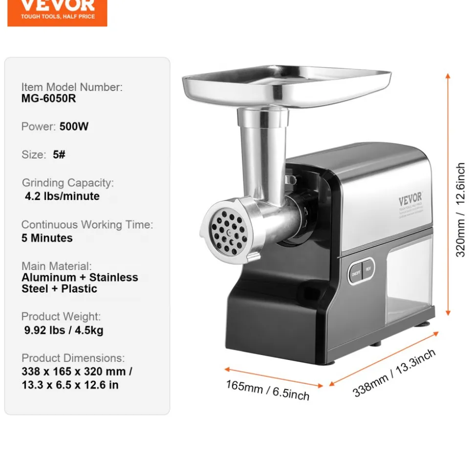VEVOR Meat Grinder, 4.2 Lbs/Min Capacity Electric Meat Grinders with Blade, Grinding Plate, Sausage Maker, Kubbe Kit, Burger Press, Chopper Attachment, Stainless Steel Meat Mincer for Home Kitchen