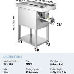 VEVOR Meat Grinder, 22 Lbs/Min Capacity Electric Meat Grinders w/ Blade, Grinding Plate, Sausage Maker, Stainless Steel Commercial Meat Mincer for Kitchen Restaurant Butcher Store