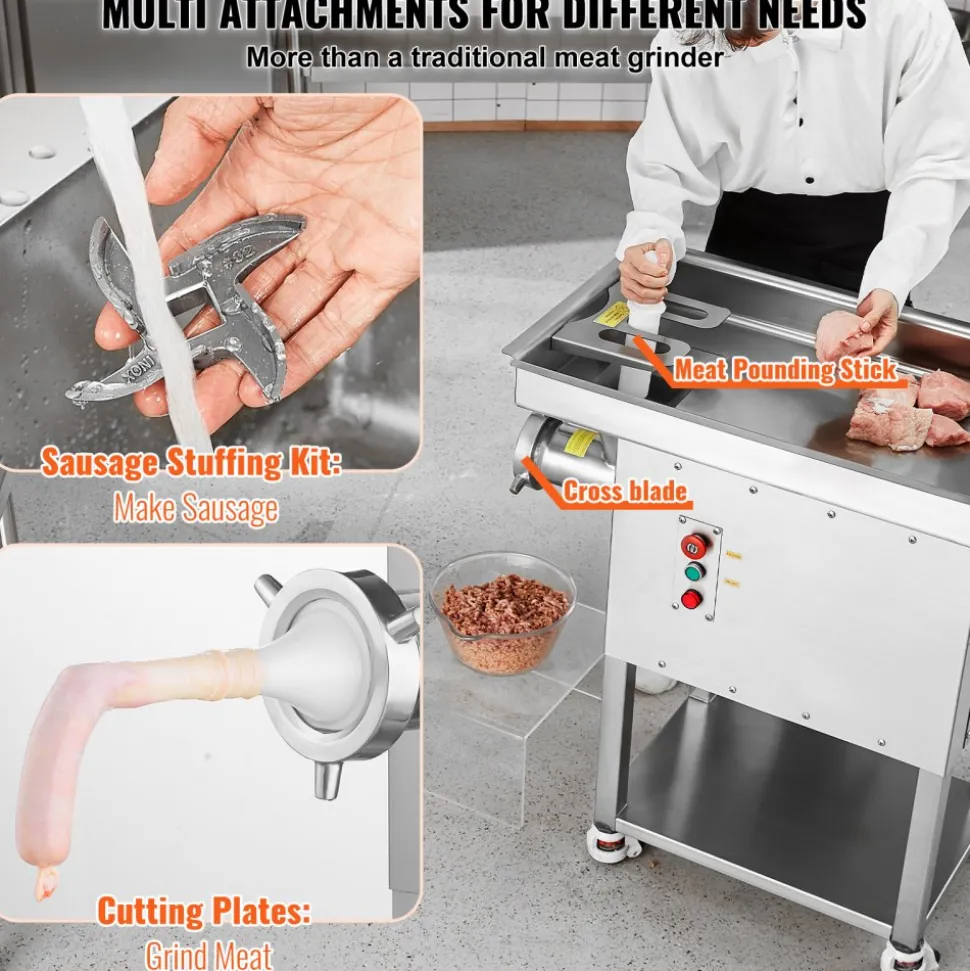 VEVOR Meat Grinder, 22 Lbs/Min Capacity Electric Meat Grinders w/ Blade, Grinding Plate, Sausage Maker, Stainless Steel Commercial Meat Mincer for Kitchen Restaurant Butcher Store