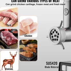 VEVOR Meat Grinder, 9 Lbs/Min Capacity Electric Meat Grinders with Blade, Grinding Plate, Sausage Maker, Stainless Steel Commercial Meat Mincer for Kitchen Restaurant Butcher Store