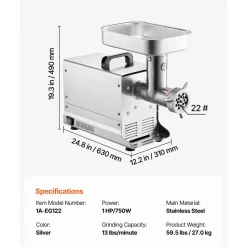 VEVOR Meat Grinder, 13 Lbs/Min Capacity Electric Meat Grinders with Blade, Grinding Plate, Sausage Maker, Stainless Steel Commercial Meat Mincer for Kitchen Restaurant Butcher Store