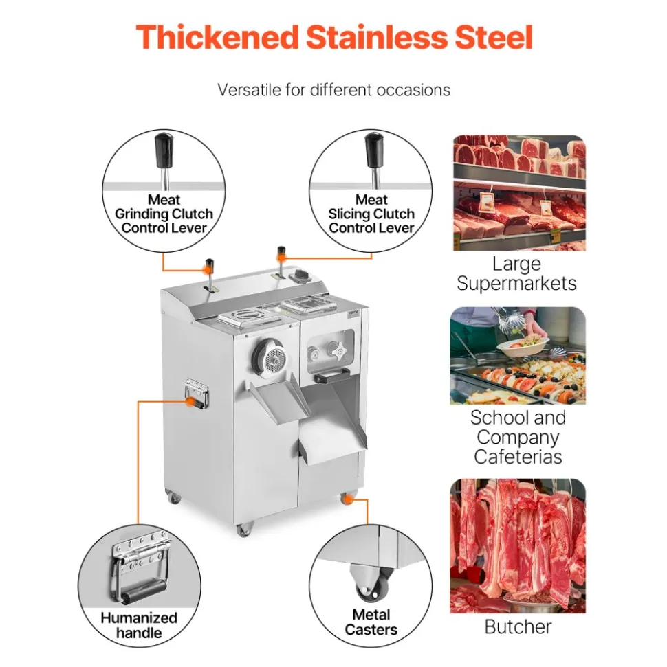 VEVOR Meat Grinder, 14 Lbs/Min Electric Meat Grinder, Slicer, Sausage Stuffer with Blade, Grinding Plate, Sausage Maker, Stainless Steel Meat Mincer Cabinet for Slice Shred Dice, Restaurant Butcher