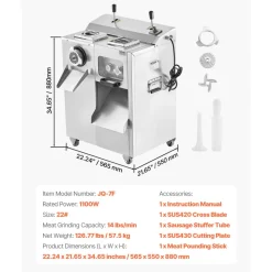 VEVOR Meat Grinder, 14 Lbs/Min Electric Meat Grinder, Slicer, Sausage Stuffer with Blade, Grinding Plate, Sausage Maker, Stainless Steel Meat Mincer Cabinet for Slice Shred Dice, Restaurant Butcher