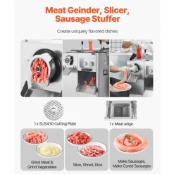 VEVOR Meat Grinder, 14 Lbs/Min Electric Meat Grinder, Slicer, Sausage Stuffer with Blade, Grinding Plate, Sausage Maker, Stainless Steel Meat Mincer Cabinet for Slice Shred Dice, Restaurant Butcher
